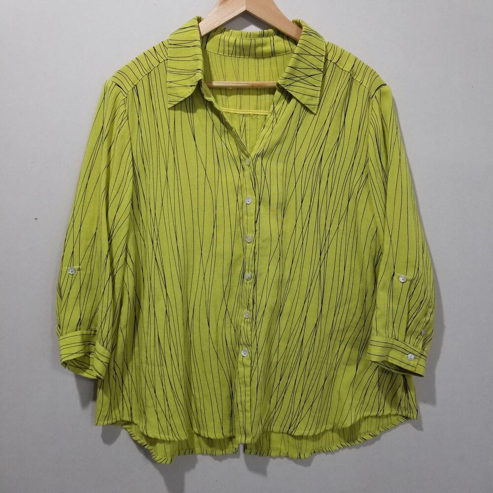 Fridaze Shirt Womens Large Green Linen Stripe Roll Tab Tunic Top 3/4 Sleeve
